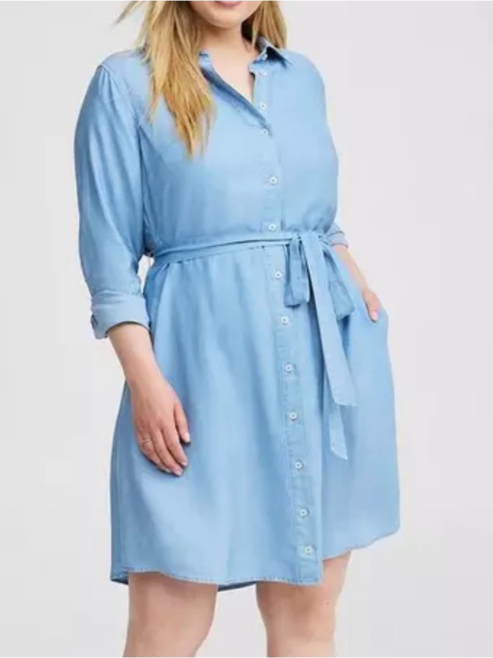 torrid Light Blue Button-Front Shirt Dress with Tie Waist